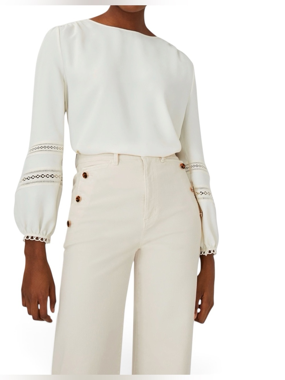Ann Taylor Cream Long-Sleeve Lace-Trim Blouse